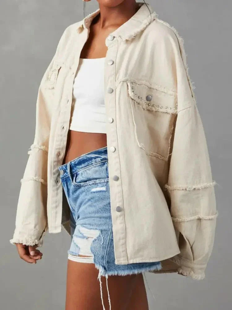 Button Down Raw Hem Denim Jacket - Update AvenueTrendsi100100475824616100100475824616903e377912be4313ab4174273ea7a84a - MaxIvory