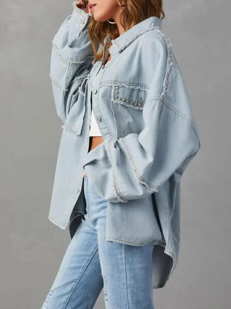 Button Down Raw Hem Denim Jacket - Update AvenueTrendsi100100475827968100100475827968f693878f86d7455ba9ff595ae0bae69a - MaxLight Blue