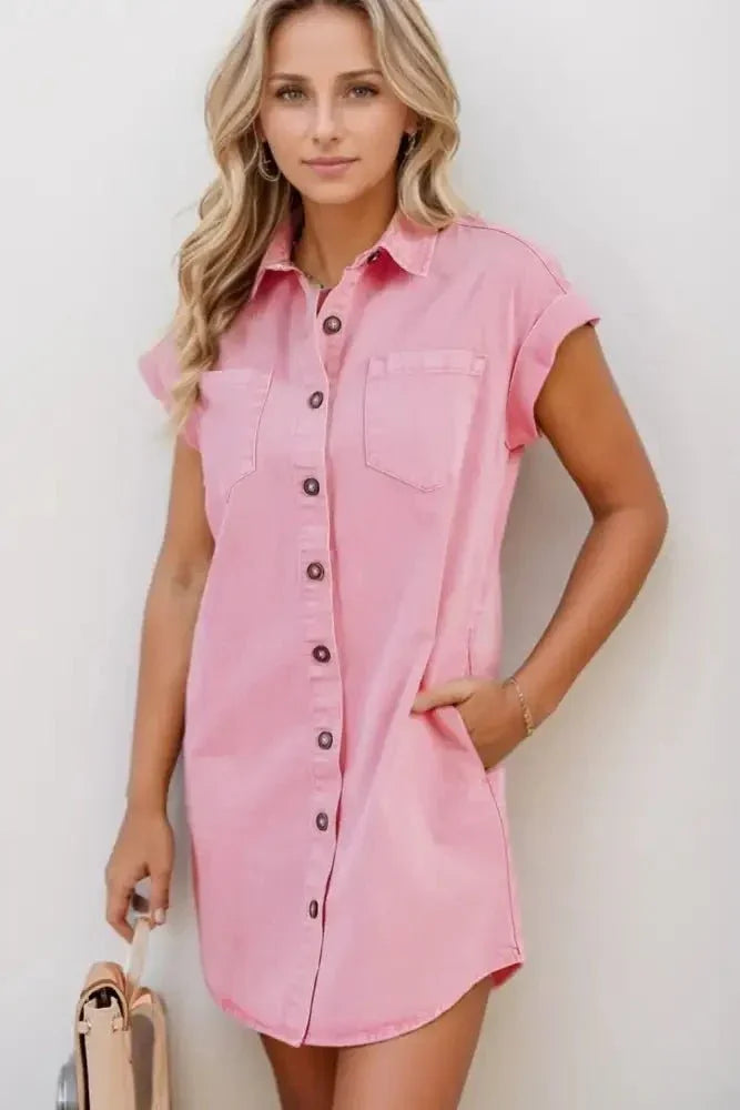 Button Down Short Sleeve Denim Dress - Update AvenueDenim Dresses & SkirtsTrendsi100100170031763100100170031763425c9893 - 2912 - 476a - b3b7 - ee2ba94abf45 - Max - OriginBlush Pink