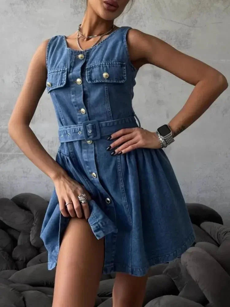 Button Down Sleeveless Denim Dress with Belted - Update AvenueDenim Dresses & SkirtsTrendsi1001000169783891001000169783895dd28002 - 36b7 - 43cc - 8228 - dd42e557d876 - Max - OriginBlue