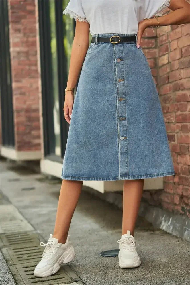 Button Front A - Line Denim Skirt - Update AvenueDenim Dresses & SkirtsTrendsi10010090429245410010090429245475d4bdf6fbf2471394223f967ed0b238 - MaxMedium