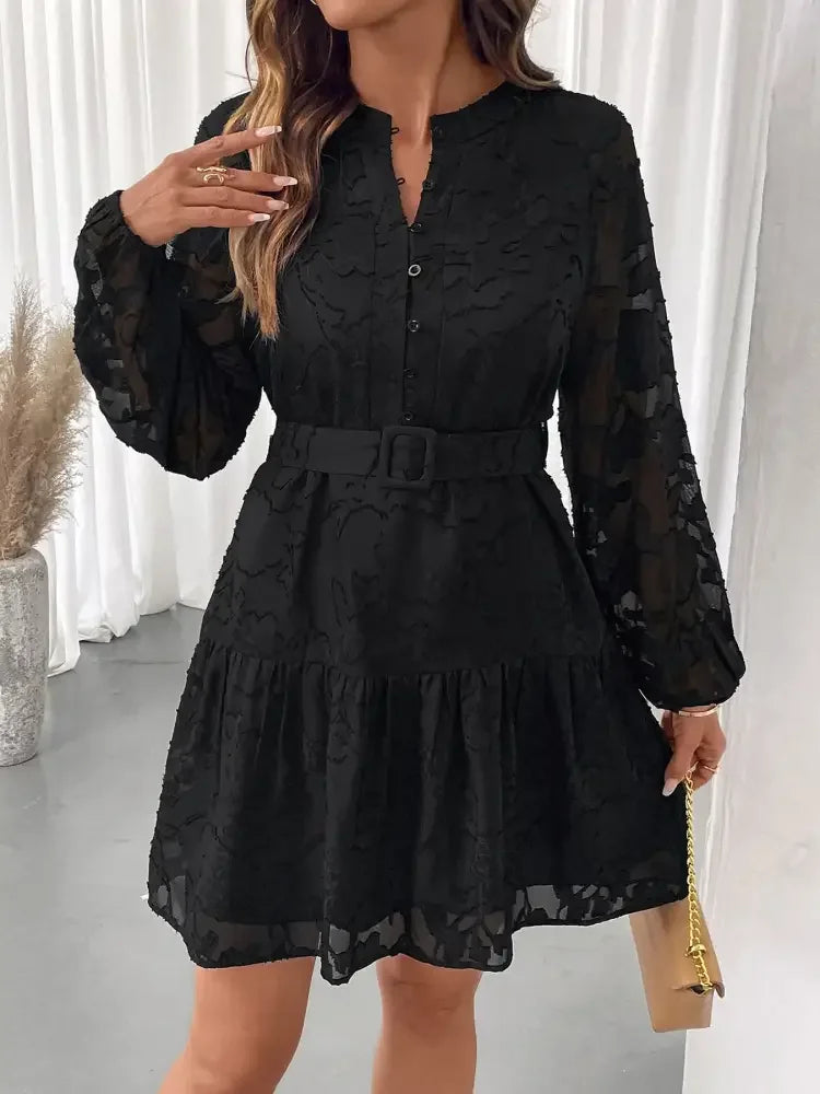 Button-Front Balloon Sleeve Mini Dress