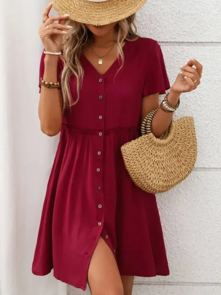 Button Front Flutter Sleeve Dress - Update AvenueEffortless Elegance: DressesTrendsi1001005737095921001005737095924b1323cf - 975f - 405a - a9b6 - 6a452e7a4039 - MaxDeep Red