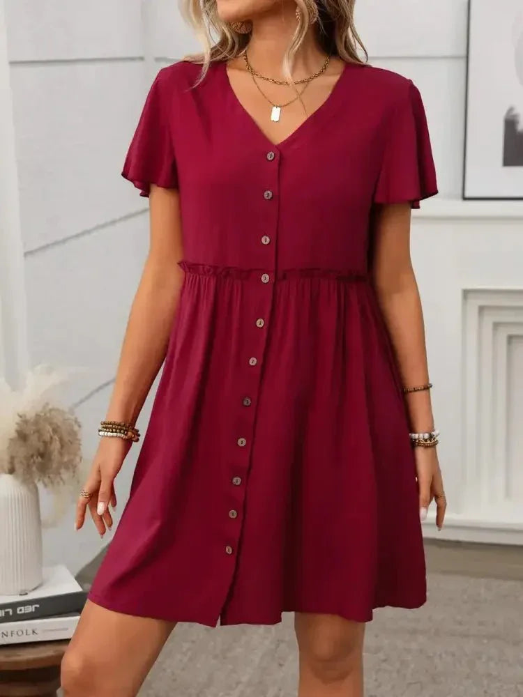 Button Front Flutter Sleeve Dress - Update AvenueEffortless Elegance: DressesTrendsi100100573709592100100573709592ac33345c - 2f10 - 490d - ac57 - 087cf494668c - MaxDeep Red