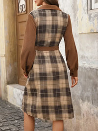 Button Front Plaid Long Sleeve Dress