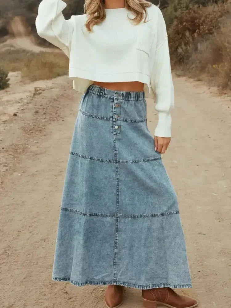 Button - Front Tiered Maxi Denim Skirt - Update AvenueDenim Dresses & SkirtsTrendsi100100357155273100100357155273e730ceeb - 36a3 - 439a - b378 - cc9904bc1d9d - Max - OriginSnow Color