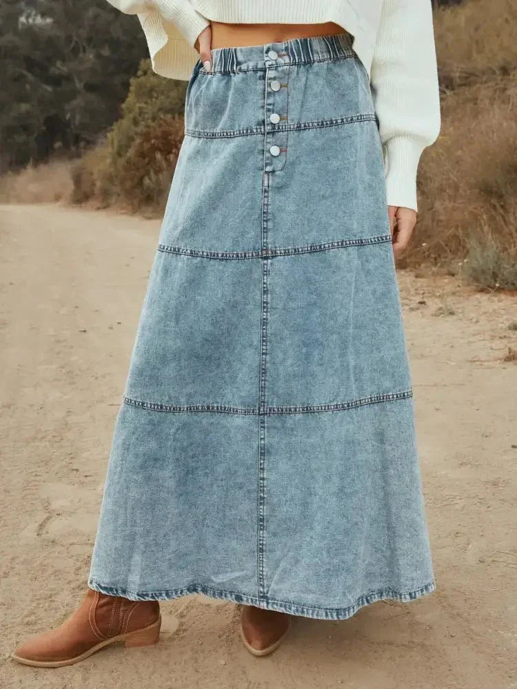 Button - Front Tiered Maxi Denim Skirt - Update AvenueDenim Dresses & SkirtsTrendsi1001003571552731001003571552732b88a8b4bda0479cabf27d6f9fd87687 - Max - OriginSnow Color