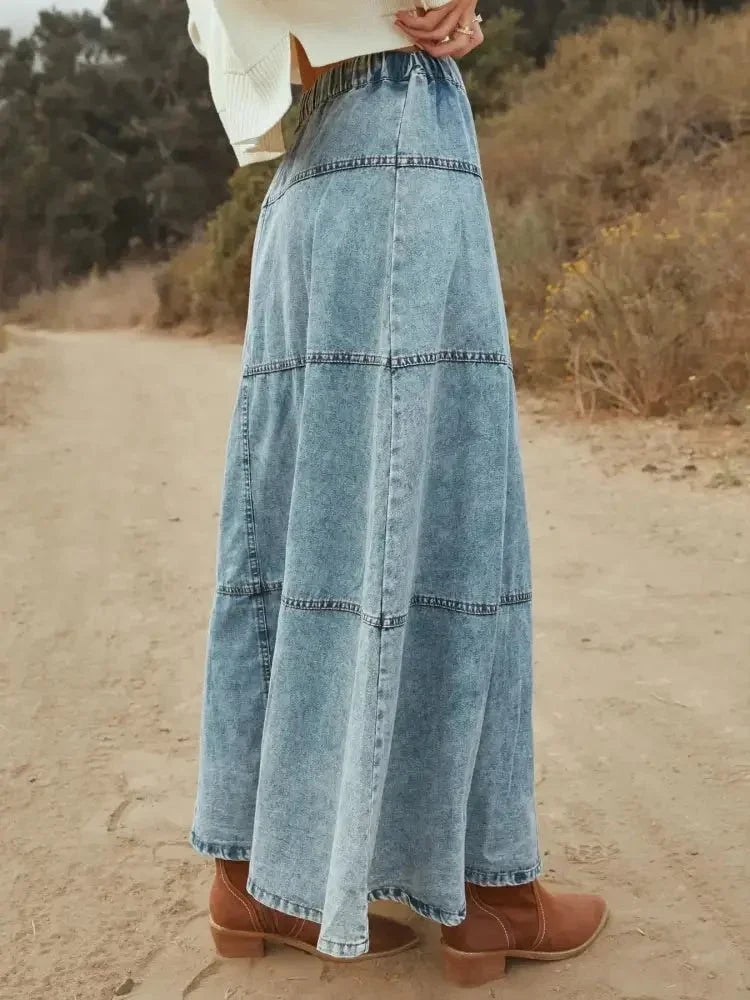 Button - Front Tiered Maxi Denim Skirt - Update AvenueDenim Dresses & SkirtsTrendsi100100357155273100100357155273e4c5c3a3cd52419282d9b03212408758 - Max - OriginSnow Color