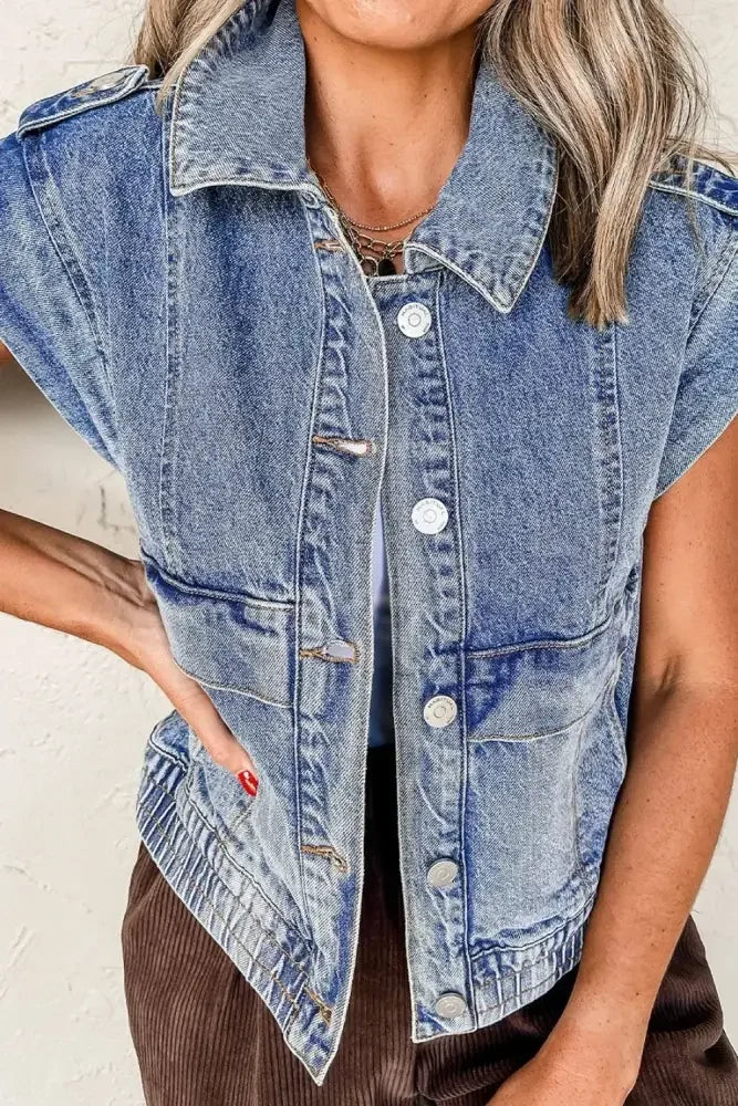 Button Up Cap Sleeve Denim Jacket