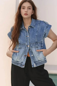 Button Up Cap Sleeve Denim Jacket