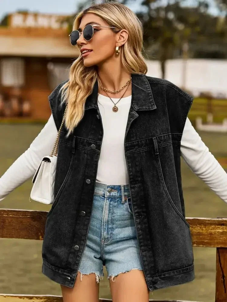 Button Up Collared Neck Sleeveless Denim Jacket - Update AvenueTrendsi100100828311594100100828311594d6fab6ec83104eb6905e26608534e9d5 - MaxBlack
