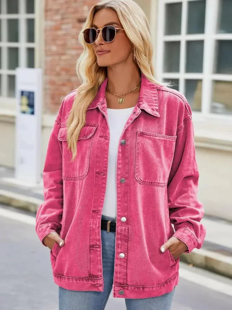 Button Up Denim Jacket with Pockets - Update AvenueTrendsi1001007520688331001007520688337c63374ba7fa4c5db44b53cc478bc9a7 - MaxHot Pink