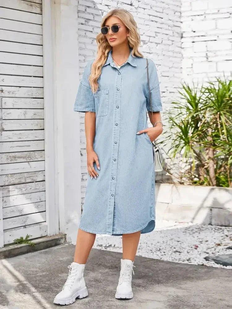 Button Up Dropped Shoulder Denim Dress - Update AvenueDenim Dresses & SkirtsTrendsi1001008675615421001008675615429dd455f2 - 6fc9 - 444b - b597 - e30fc0ea4fc5 - MaxLight Blue