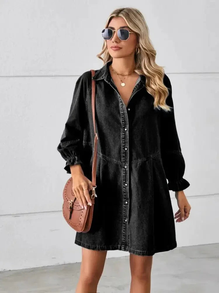 Button Up Flounce Sleeve Mini Denim Dress - Update AvenueDenim Dresses & SkirtsTrendsi1001006100919121001006100919128f7180d9 - 3169 - 46c1 - 8cae - 50cffbaf31b8 - MaxBlack