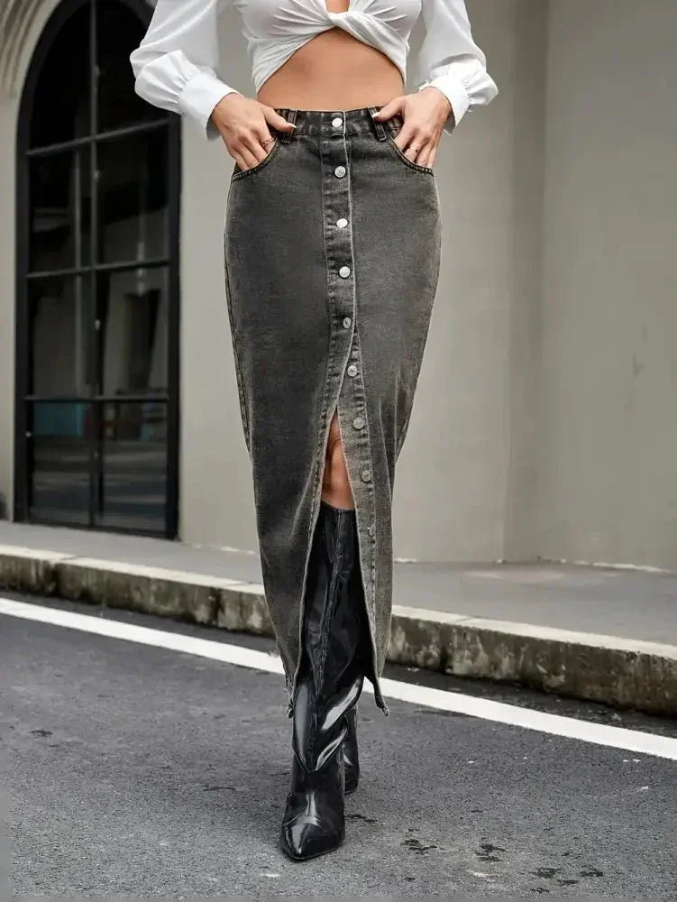 Button Up High Rise Denim Skirt - Update AvenueDenim Dresses & SkirtsTrendsi10010059053189310010059053189397615dee - 5c4a - 4187 - b6d8 - 383fbd4085c3 - MaxDark Gray