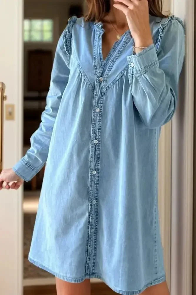 Button Up Notched Long Sleeve Denim Dress - Update AvenueDenim Dresses & SkirtsTrendsi100100586471214100100586471214f794f377 - 6edd - 48f3 - a9e2 - b722fe2d9c99 - MaxLight Blue