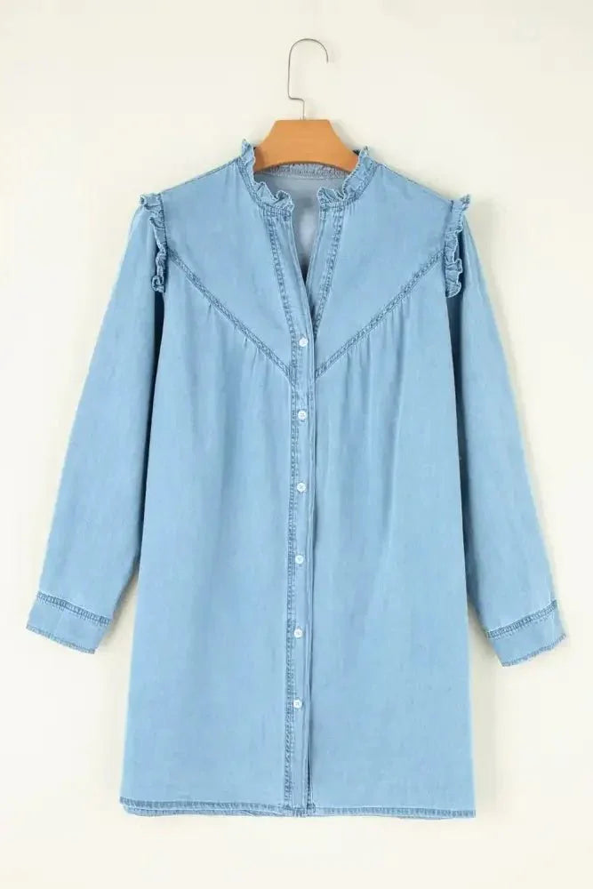 Button Up Notched Long Sleeve Denim Dress - Update AvenueDenim Dresses & SkirtsTrendsi100100586471214100100586471214971f9d7d - dffd - 41d9 - 9e03 - 392eae93d26c - MaxLight Blue