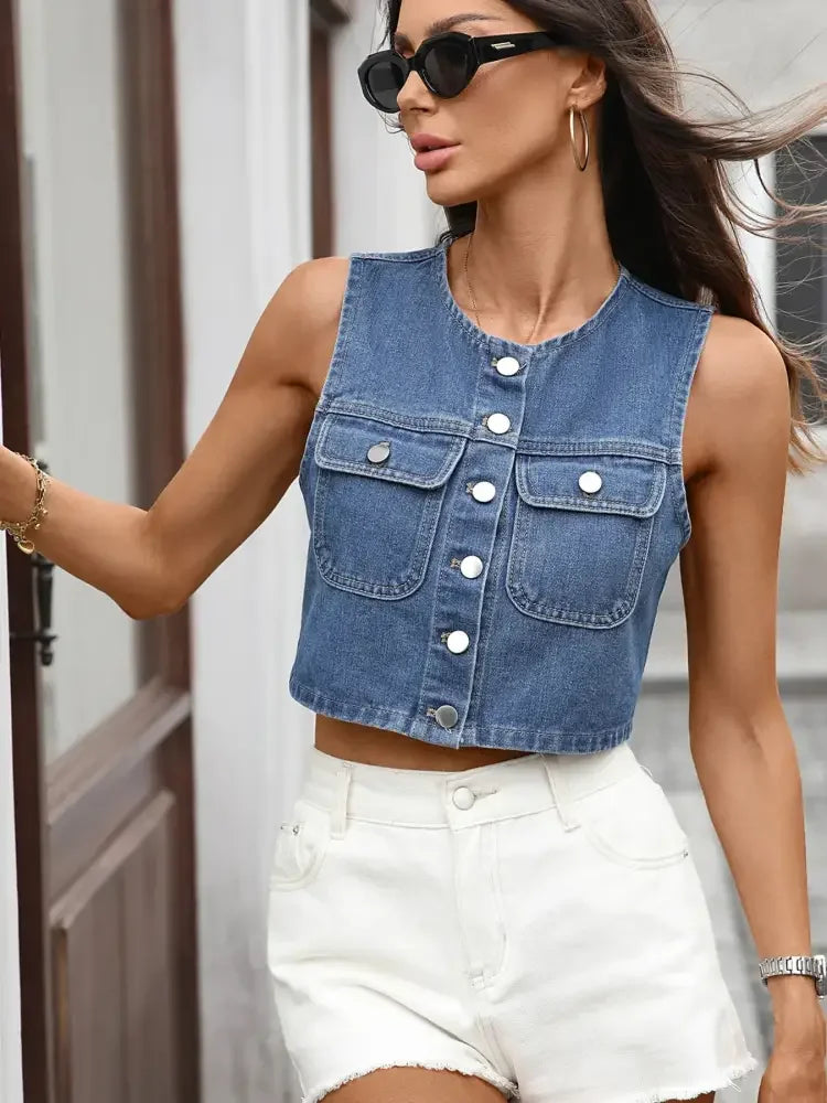 Button Up Sleeveless Denim Vest