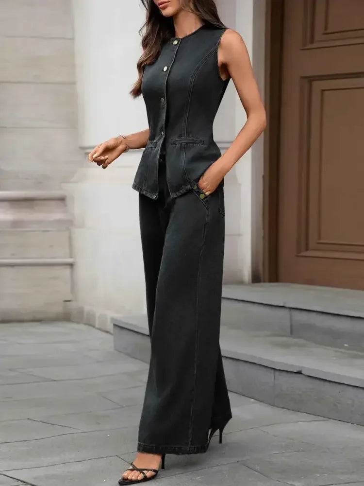 Button Up Tank and Pants Denim Set
