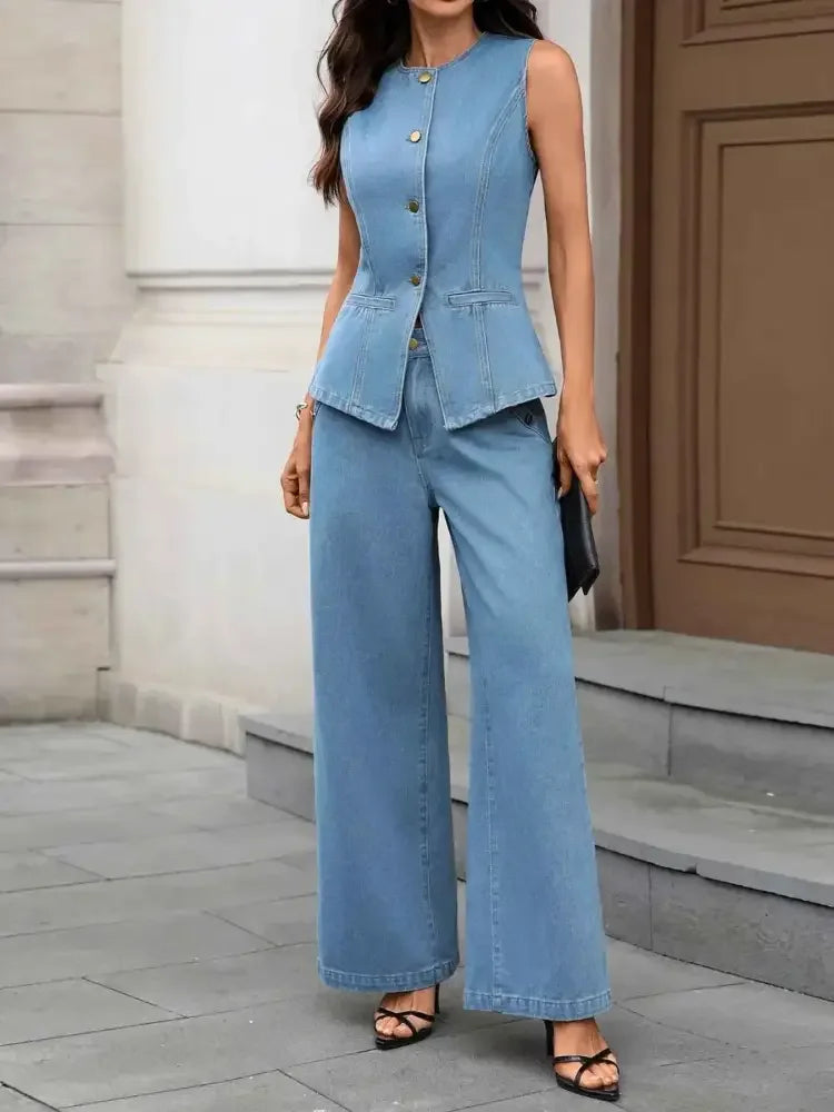 Button Up Tank and Pants Denim Set