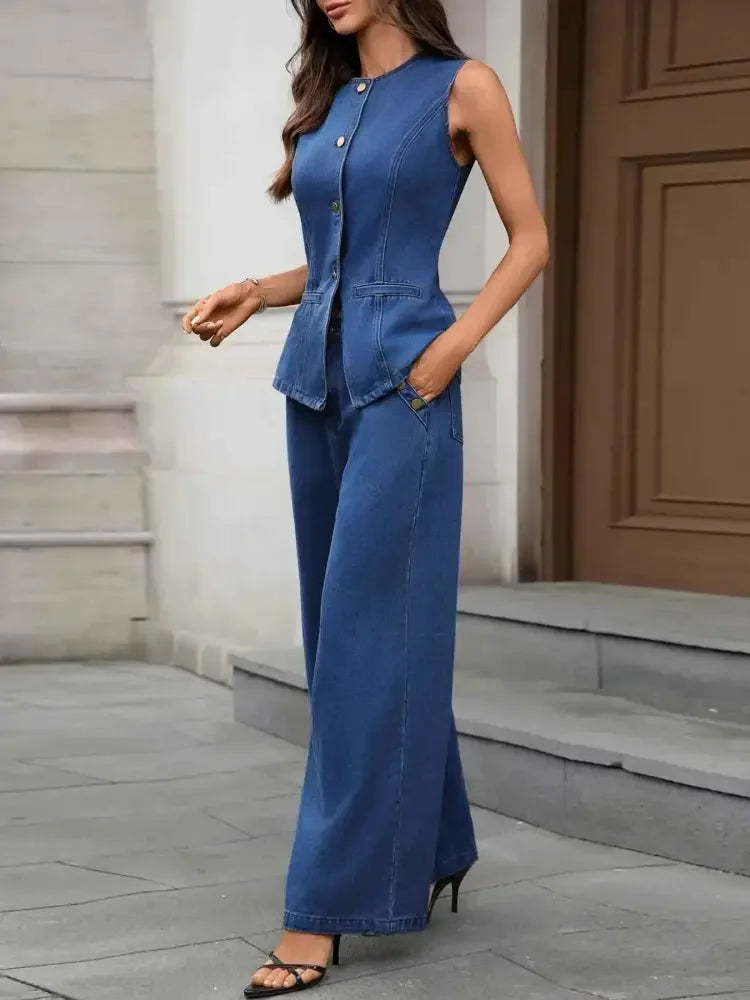 Button Up Tank and Pants Denim Set