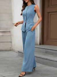 Button Up Tank and Pants Denim Set