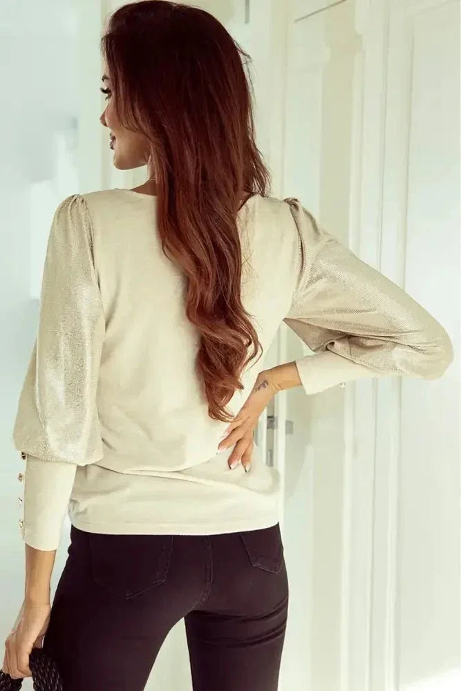 Buttoned Cuffs Shiny Puff Sleeves Top - Update AvenueTrendsi1001014937952451001014937952455e4478c4298041eea558f8f581e677cf - MaxBeige