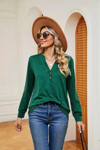 Buttoned Notched Neck Long Sleeve Top - Update AvenueTrendsi10010120211130310010120211130319dff93733ad4acb95d4b1be4b8af927 - MaxDark Green