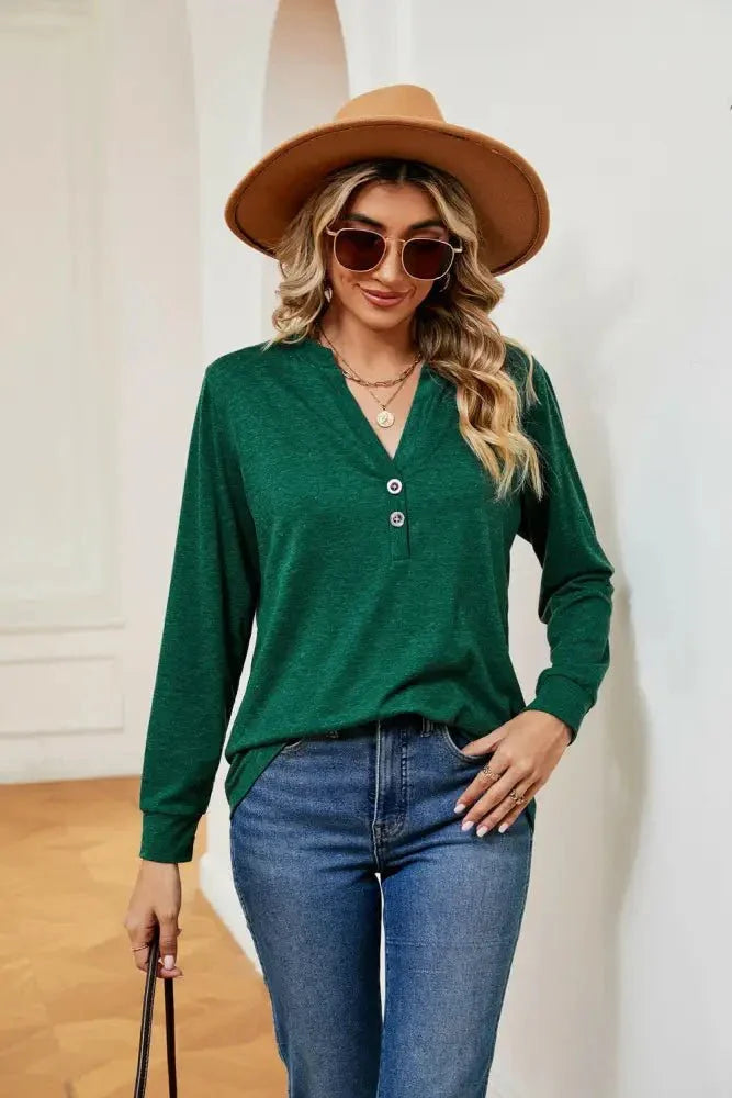 Buttoned Notched Neck Long Sleeve Top - Update AvenueTrendsi100101202111303100101202111303a81945917522465ab661c05438a1d65a - MaxDark Green