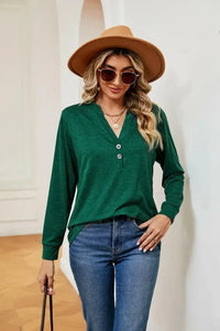 Buttoned Notched Neck Long Sleeve Top - Update AvenueTrendsi100101202111303100101202111303a81945917522465ab661c05438a1d65a - MaxDark Green