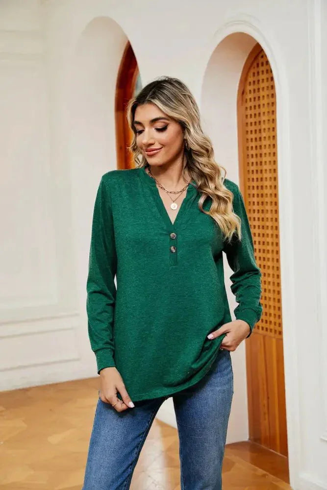 Buttoned Notched Neck Long Sleeve Top - Update AvenueTrendsi100101202111303100101202111303f344476d374748dda9e2bbca75f05702 - MaxDark Green