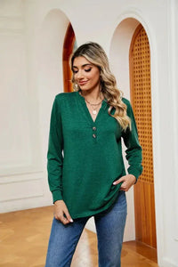 Buttoned Notched Neck Long Sleeve Top - Update AvenueTrendsi100101202111303100101202111303f344476d374748dda9e2bbca75f05702 - MaxDark Green