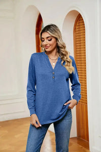 Buttoned Notched Neck Long Sleeve Top - Update AvenueTrendsi1001012021115531001012021115537856b8064a82452ea8e613aac0baffe8 - MaxCerulean