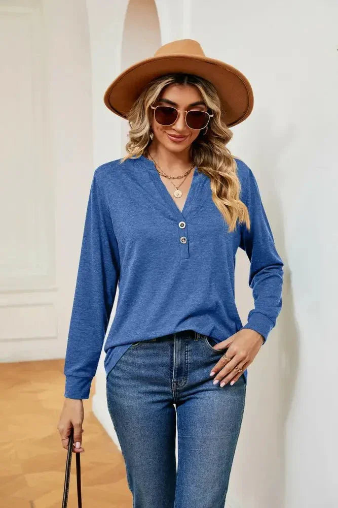 Buttoned Notched Neck Long Sleeve Top - Update AvenueTrendsi100101202111553100101202111553d9b47a68d25e4b729ae2e61a52454c65 - MaxCerulean