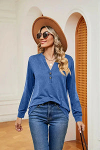 Buttoned Notched Neck Long Sleeve Top - Update AvenueTrendsi100101202111553100101202111553a01e92a6a6b94ff4b377983a17b60055 - MaxCerulean