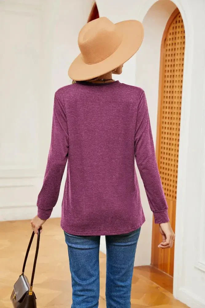Buttoned Notched Neck Long Sleeve Top - Update AvenueTrendsi100101202114066100101202114066cdd037203d7147b599608d668dd3c5c6 - MaxRed - Violet