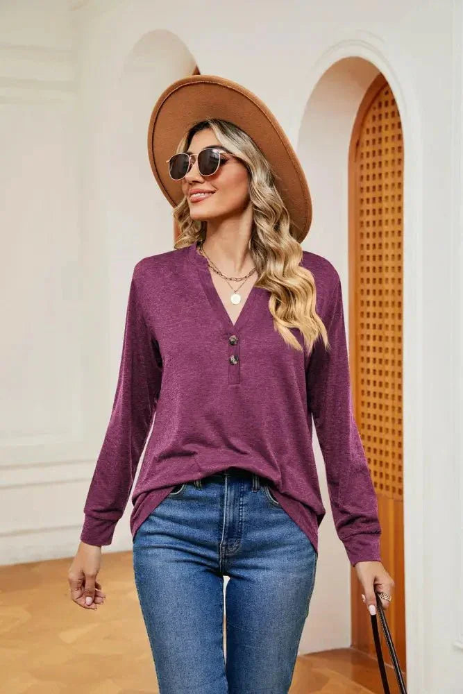 Buttoned Notched Neck Long Sleeve Top - Update AvenueTrendsi100101202114066100101202114066791115c139d24c9e978b4f5036269830 - MaxRed - Violet