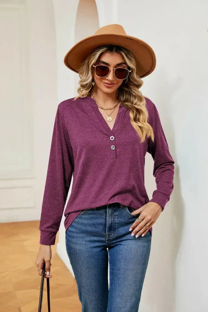 Buttoned Notched Neck Long Sleeve Top - Update AvenueTrendsi100101202114066100101202114066e8d1d26ca33242ba945db44d6db86cc5 - MaxRed - Violet