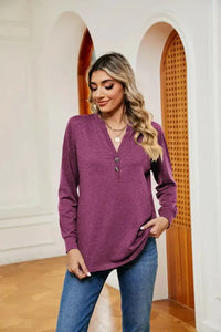 Buttoned Notched Neck Long Sleeve Top - Update AvenueTrendsi1001012021140661001012021140663829558909dc42fcb23d1c8e02bd596d - MaxRed - Violet