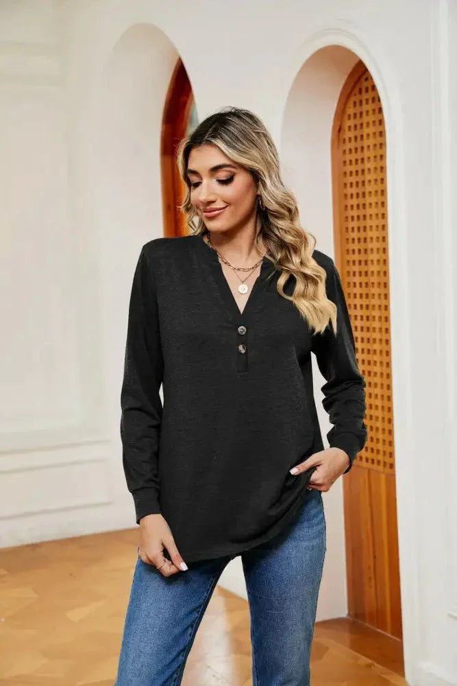 Buttoned Notched Neck Long Sleeve Top - Update AvenueTrendsi100101202116048100101202116048b855d316f807468baa80dcd9b76bb959 - MaxBlack