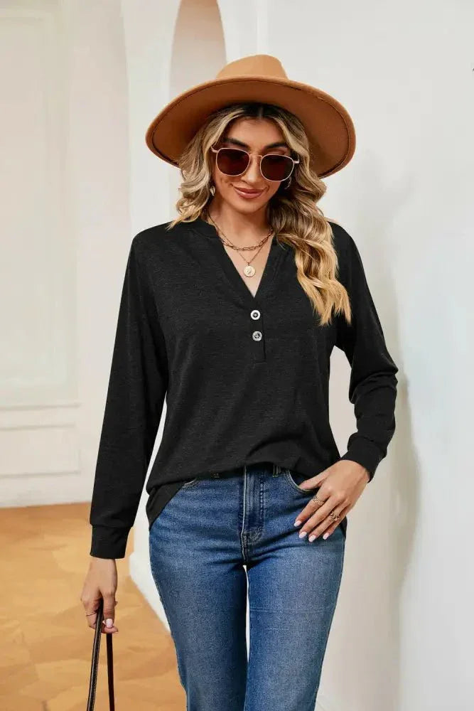 Buttoned Notched Neck Long Sleeve Top - Update AvenueTrendsi1001012021160481001012021160483e0972653f834950b4d1375c2e4d0c80 - MaxBlack