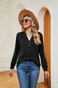 Buttoned Notched Neck Long Sleeve Top - Update AvenueTrendsi100101202116048100101202116048b4d0cfbd665b43b3972587e6ecd2c3e4 - MaxBlack