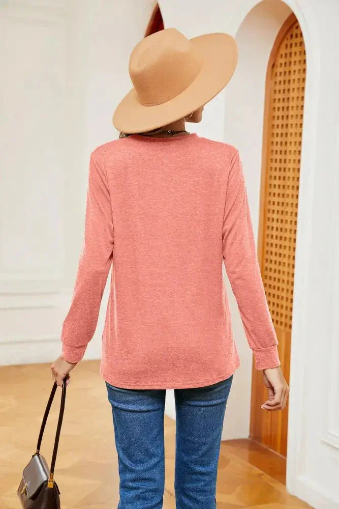 Buttoned Notched Neck Long Sleeve Top - Update AvenueTrendsi100101202116162100101202116162b1104acee6f6499a9b01b9abbba75e24 - MaxCoral
