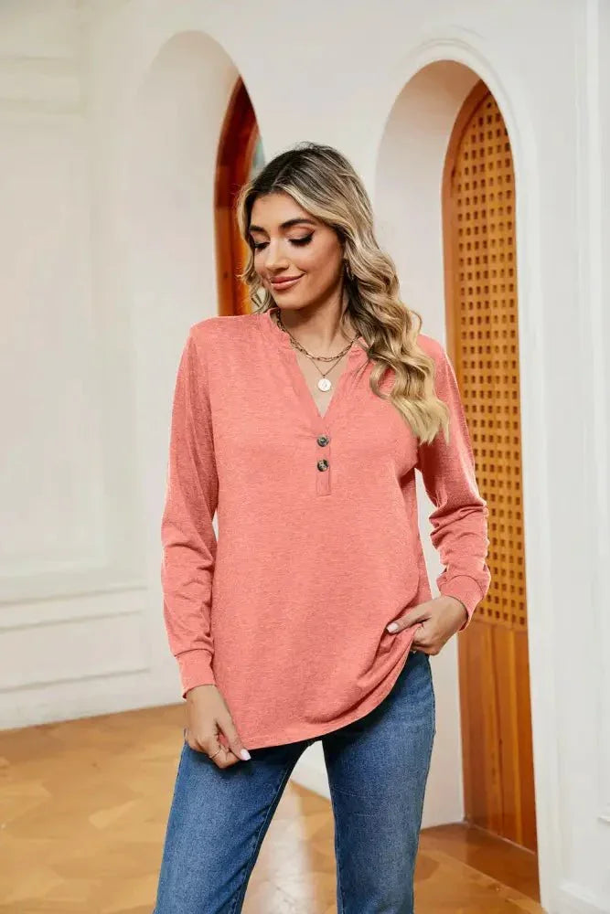 Buttoned Notched Neck Long Sleeve Top - Update AvenueTrendsi100101202116162100101202116162fcc1e289fb6147f08ae15a4f4c1c8a6a - MaxCoral