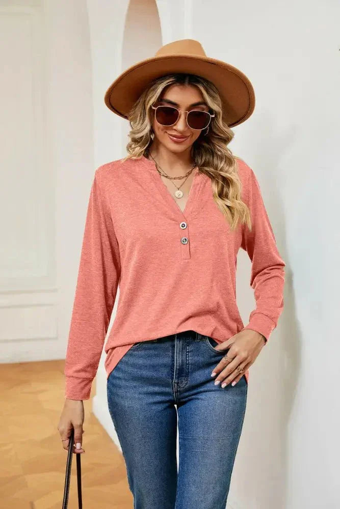 Buttoned Notched Neck Long Sleeve Top - Update AvenueTrendsi1001012021161621001012021161622b89d44dd35a4e0d95cda834fd06a297 - MaxCoral