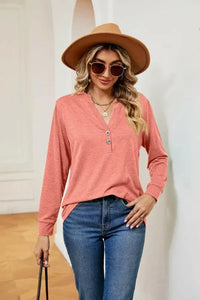 Buttoned Notched Neck Long Sleeve Top - Update AvenueTrendsi1001012021161621001012021161622b89d44dd35a4e0d95cda834fd06a297 - MaxCoral