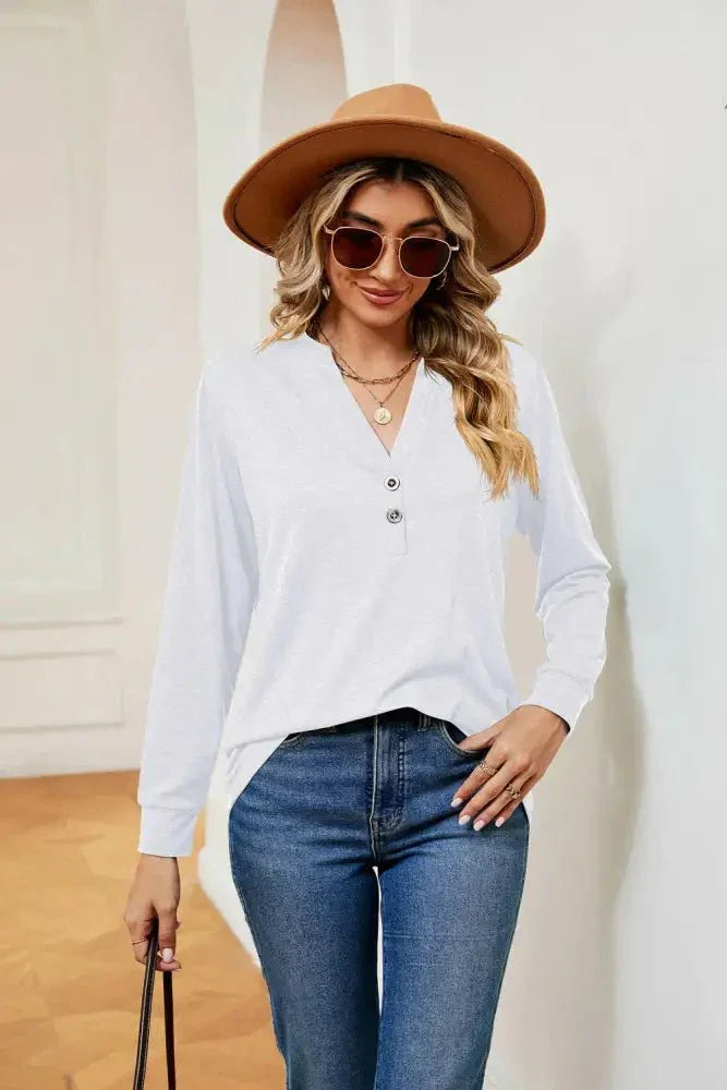 Buttoned Notched Neck Long Sleeve Top - Update AvenueTrendsi100101202118986100101202118986f9c609a921644923997f35c30cfaf87f - MaxWhite