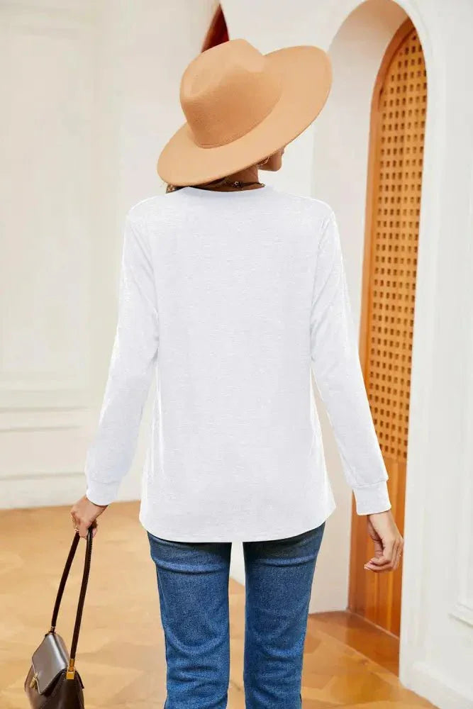 Buttoned Notched Neck Long Sleeve Top - Update AvenueTrendsi1001012021189861001012021189861fb092fee2bd4116ac320fbeae96c973 - MaxWhite