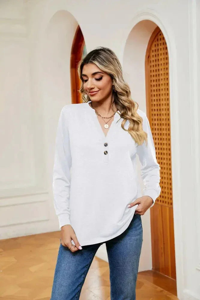 Buttoned Notched Neck Long Sleeve Top - Update AvenueTrendsi100101202118986100101202118986a8d91899d94f4eb0a830fe5777dfa974 - MaxWhite