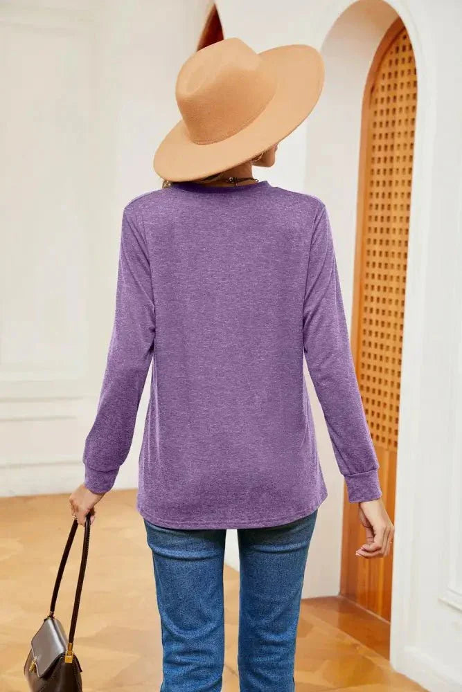 Buttoned Notched Neck Long Sleeve Top - Update AvenueTrendsi100101202119009100101202119009668a755932f64ce48cb9c6013a4a8df1 - MaxLavender